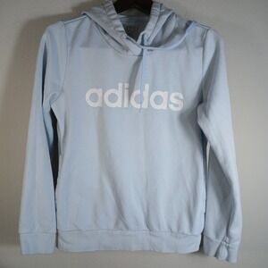 Adidas Womens Essentials Linear Spellout Pullover Hoodie pockets Blue Small BC45